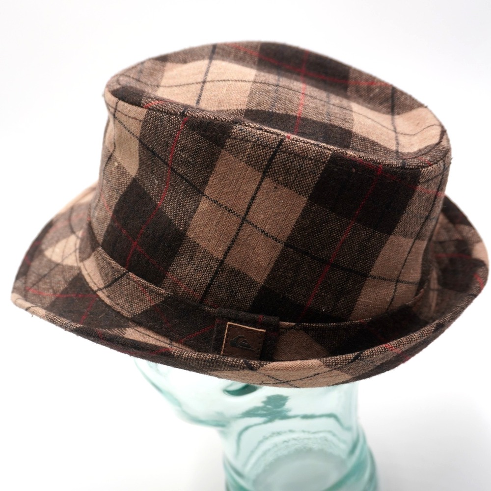 Quiksilver Plaid Wool Fedora Hat Size S/M Brown Tan Short Brim Trilby - Picture 2 of 8